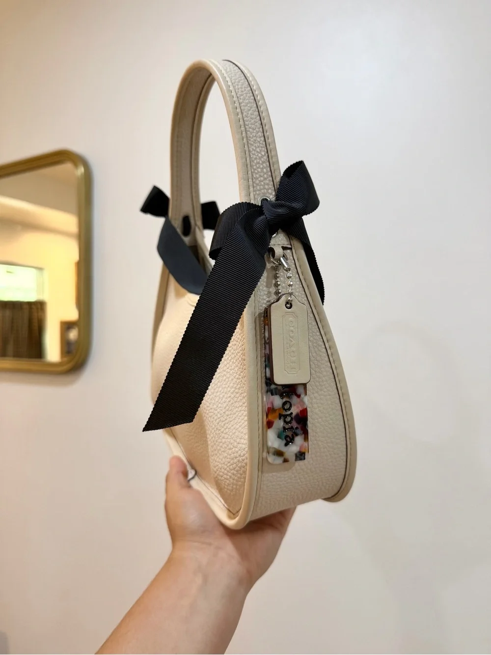 Coach Cream Pebbled Leather Mini Top-Handle Bag with Black Ribbon